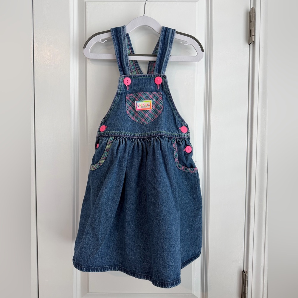 Vintage OshKosh Made in USA Girls Denim Neon Plaid Dress Size 6